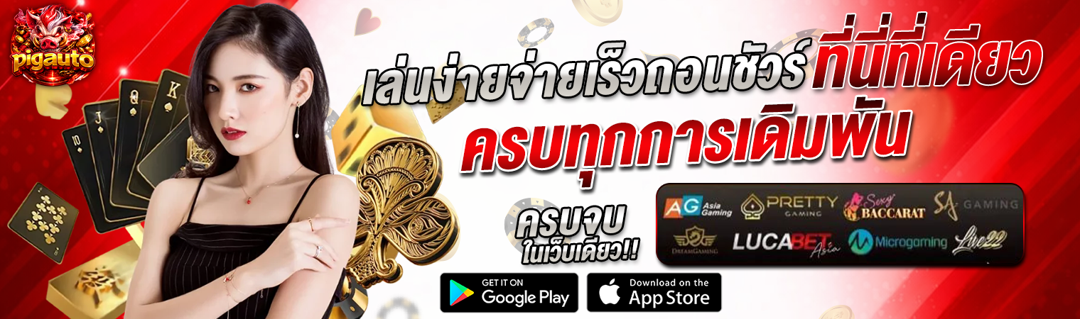 แบนเนอร์คาสิโนออนไลน์ pigauto เล่นง่ายจ่ายเร็ว รวมเกมเดิมพันครบทุกค่าย พร้อมภาพผู้หญิง ไพ่คาสิโน และชิปเดิมพัน ใช้โปรโมตคาสิโนออนไลน์ของ pigauto